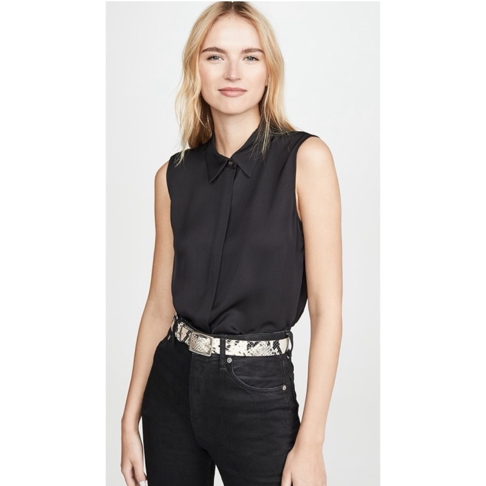 NWT Theory Black Sleeveless Button Down Collared Silk Shirt
